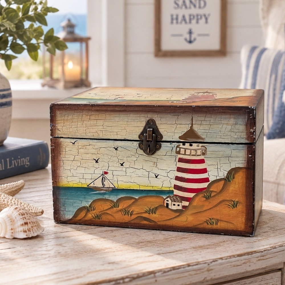 Hand Painted Nautical Lighthouse Wooden Keepsake Box Crackle Finish Storage